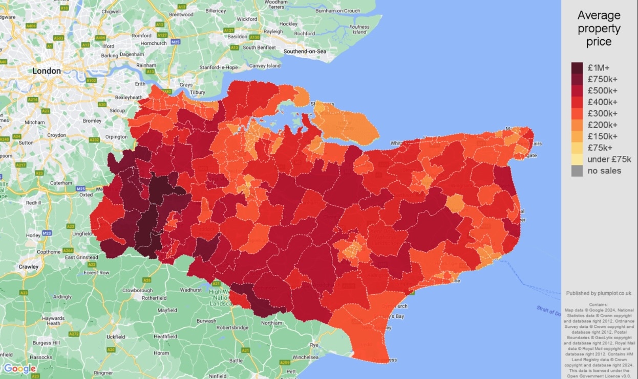 Average house price hot spot map in South East Englan 2025
