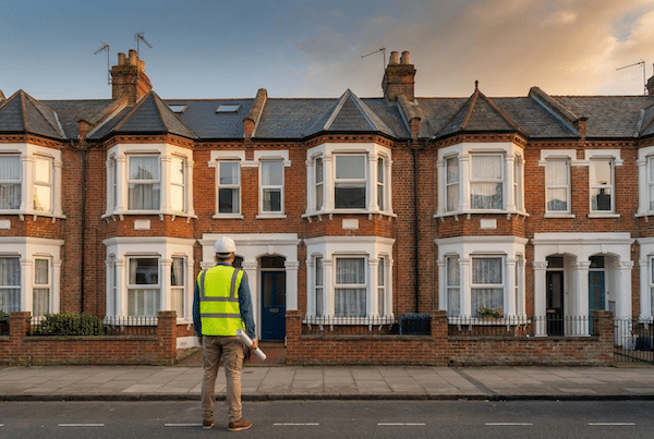 Guide to mezzanine finance - developer looking at row of terraced houses